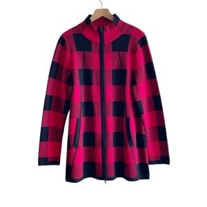 Adrienne Vittadini red and black buffalo plaid zipper cardigan sweater size XL
